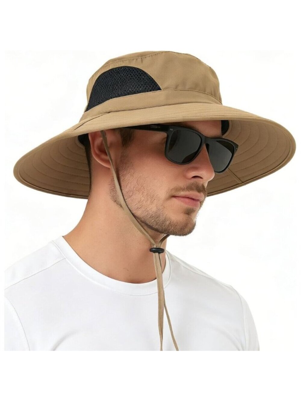 Unisex Camel 100% Polyester Wide Brim Mesh Vents With Chin Strap Fishing Sun Hat